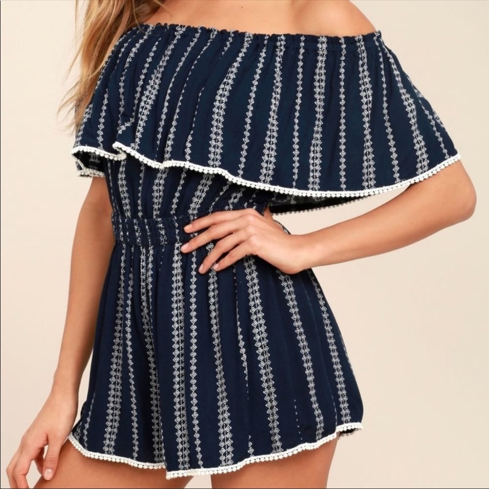 Lulus Navy Blue Print Off-the-Shoulder Romper